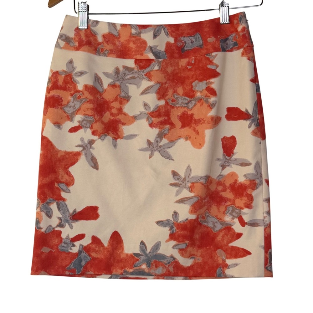 Halogen Womens 0P Orange Floral Watercolor Pencil‎ Skirt Petite Office Side Zip
